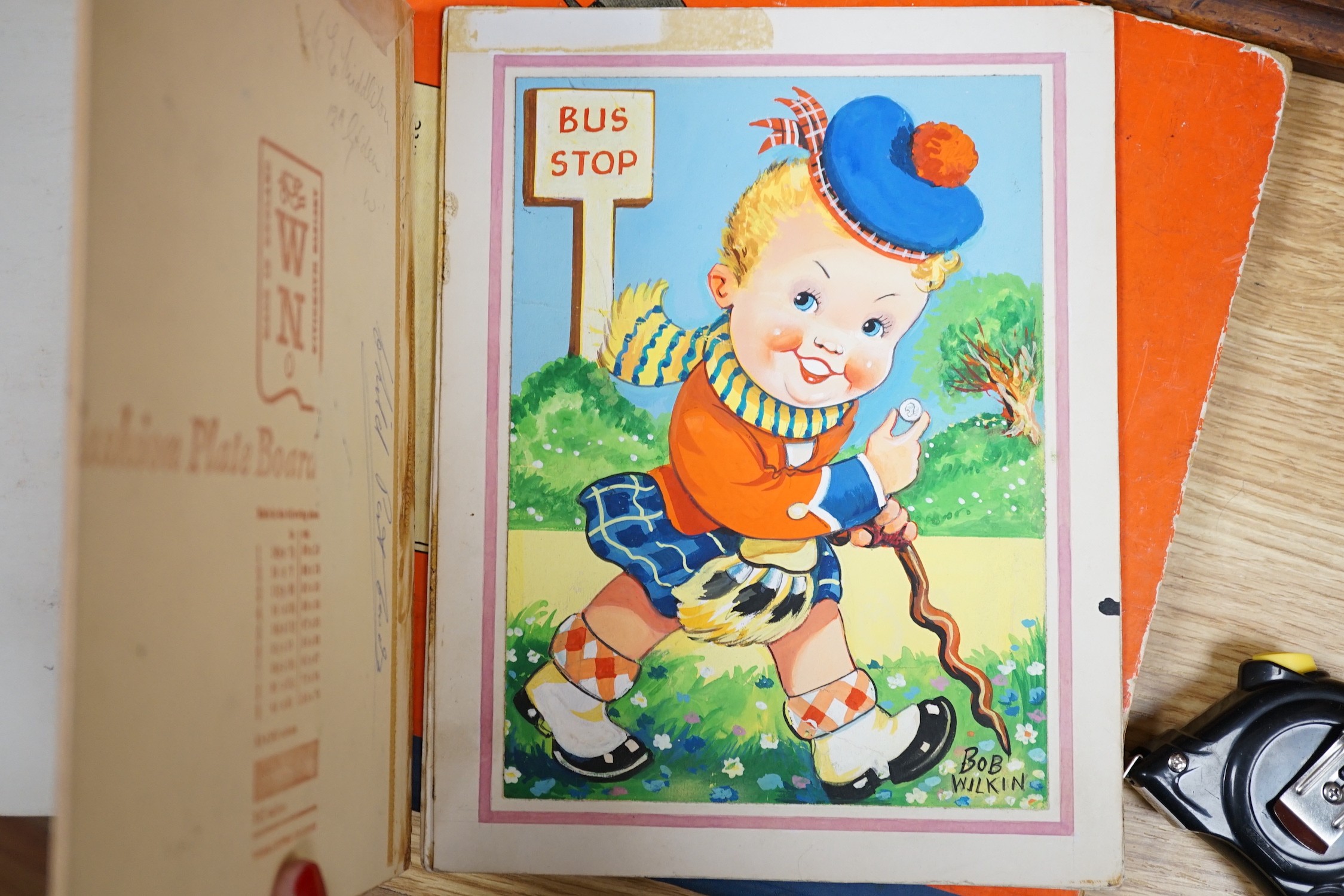Bob Wilkin, six original artworks for postcards, Humorous children, signed, 24 x 19cm, unframed
